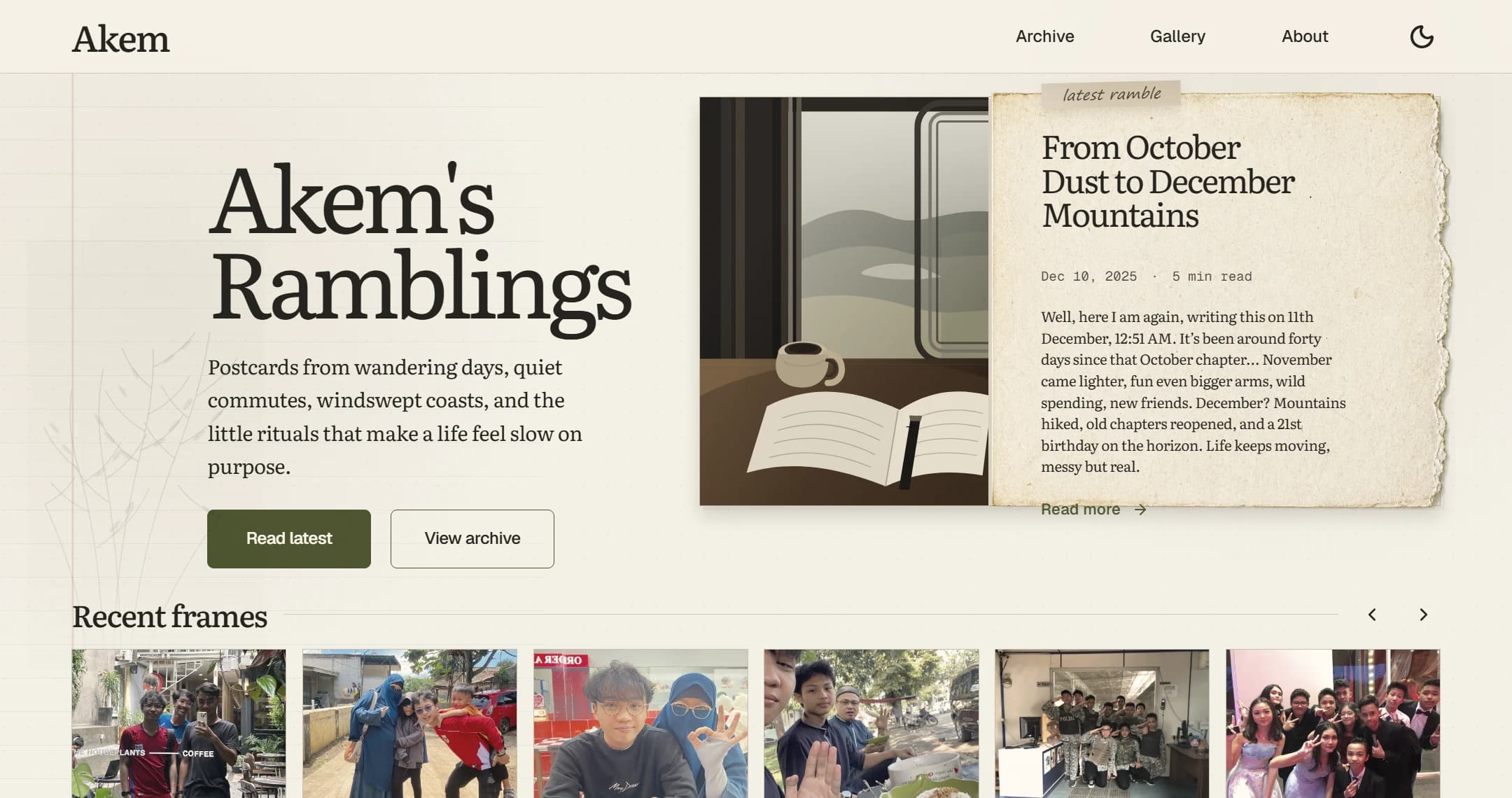 Akem's Ramblings landing page with title and latest posts
