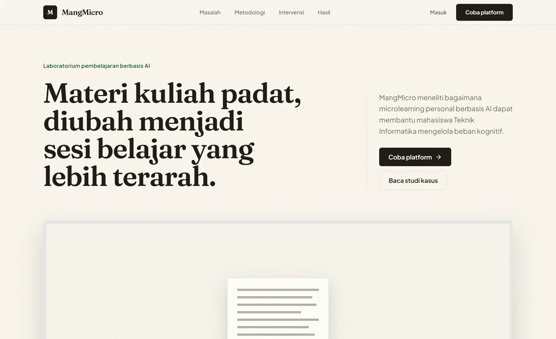 MangMicro landing page with title and product preview