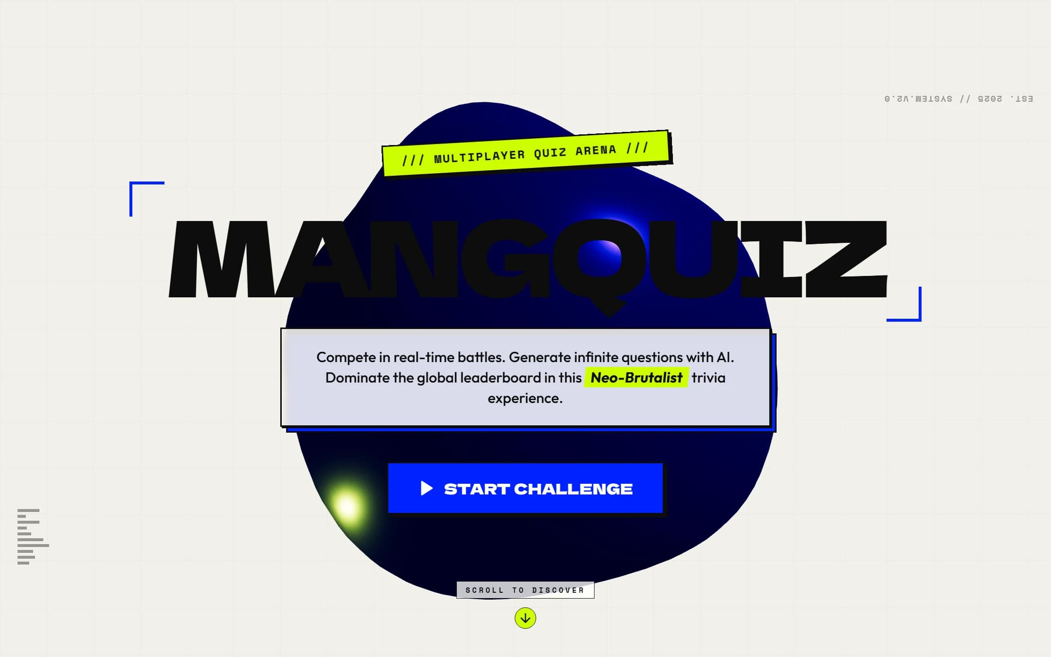 MangQuiz landing page with large wordmark and start button