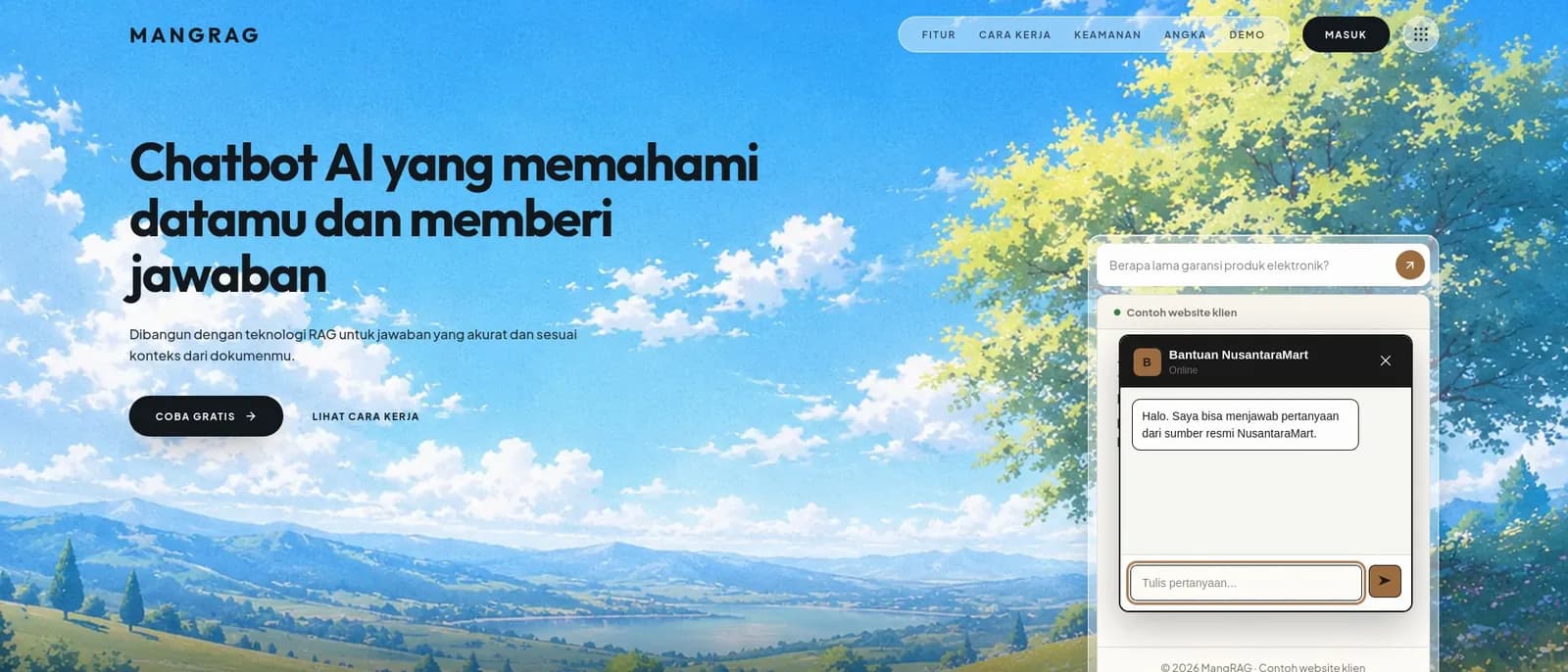 MangRAG landing page with hero and chatbot demo