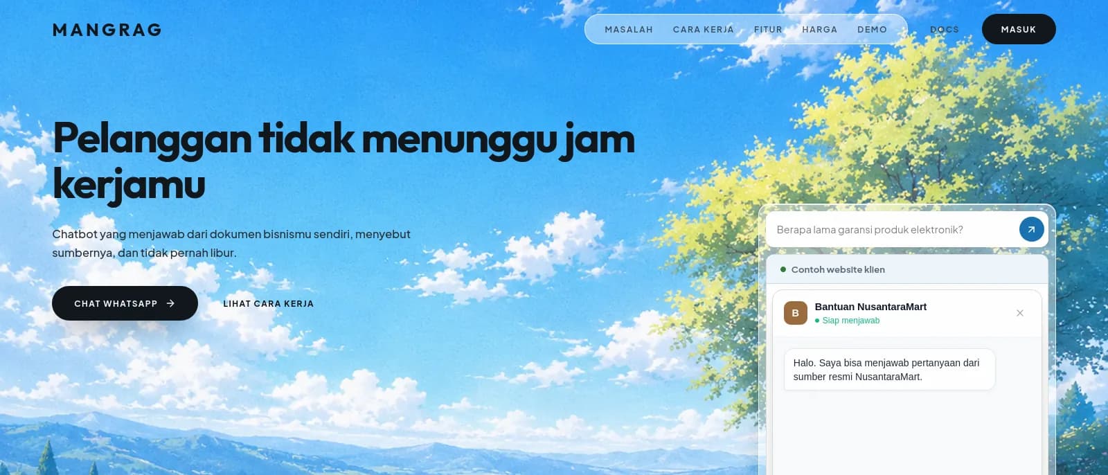 MangRAG landing page with an illustrated hero and the demo chatbot answering from a sample store
