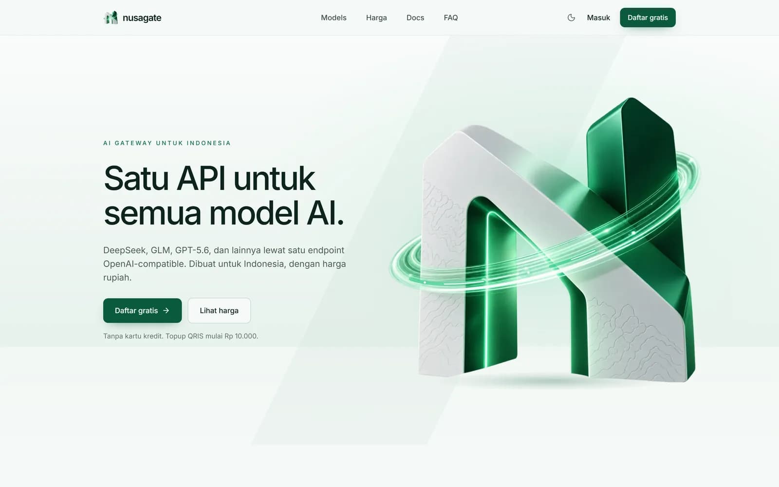 NusaGate landing page with 3D brand mark